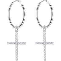 Bo Win Sterling Silver 925 Cross Pendant Hoop Earrings 16 mm Men Women