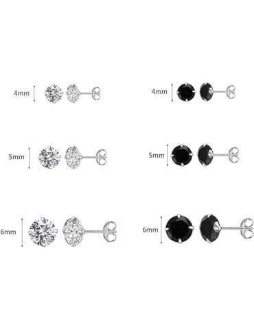 6 Paires Boucles d'oreilles en Argent 925 Femme Boucles d'oreilles Argent et Noir Boucles d'oreilles Homme avec Zircon 4-6M