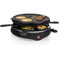 Griglia per raclette YP-500 con 6 padelle e piastra per crêpes, – 6 persone – Rivestimento antiaderente – Modello rotondo nero