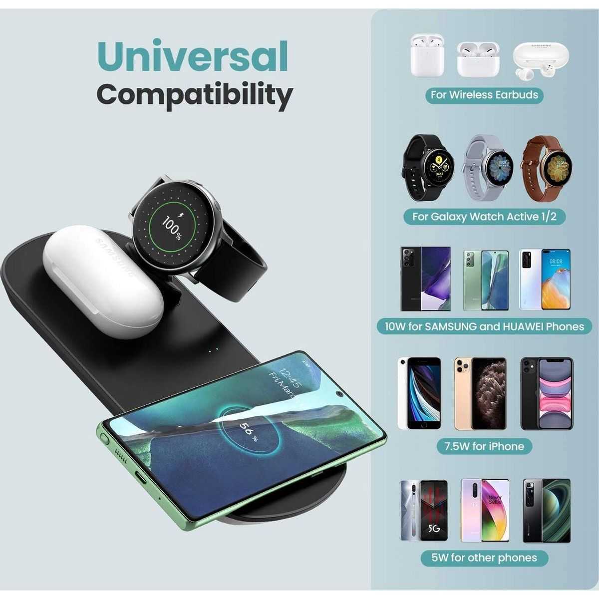 Chargeur sans fil DVZION 3 en 1 - Station de charge - Chargeur sans fil Samsung - Convient pour Samsung Galaxy Watch - Galaxy...